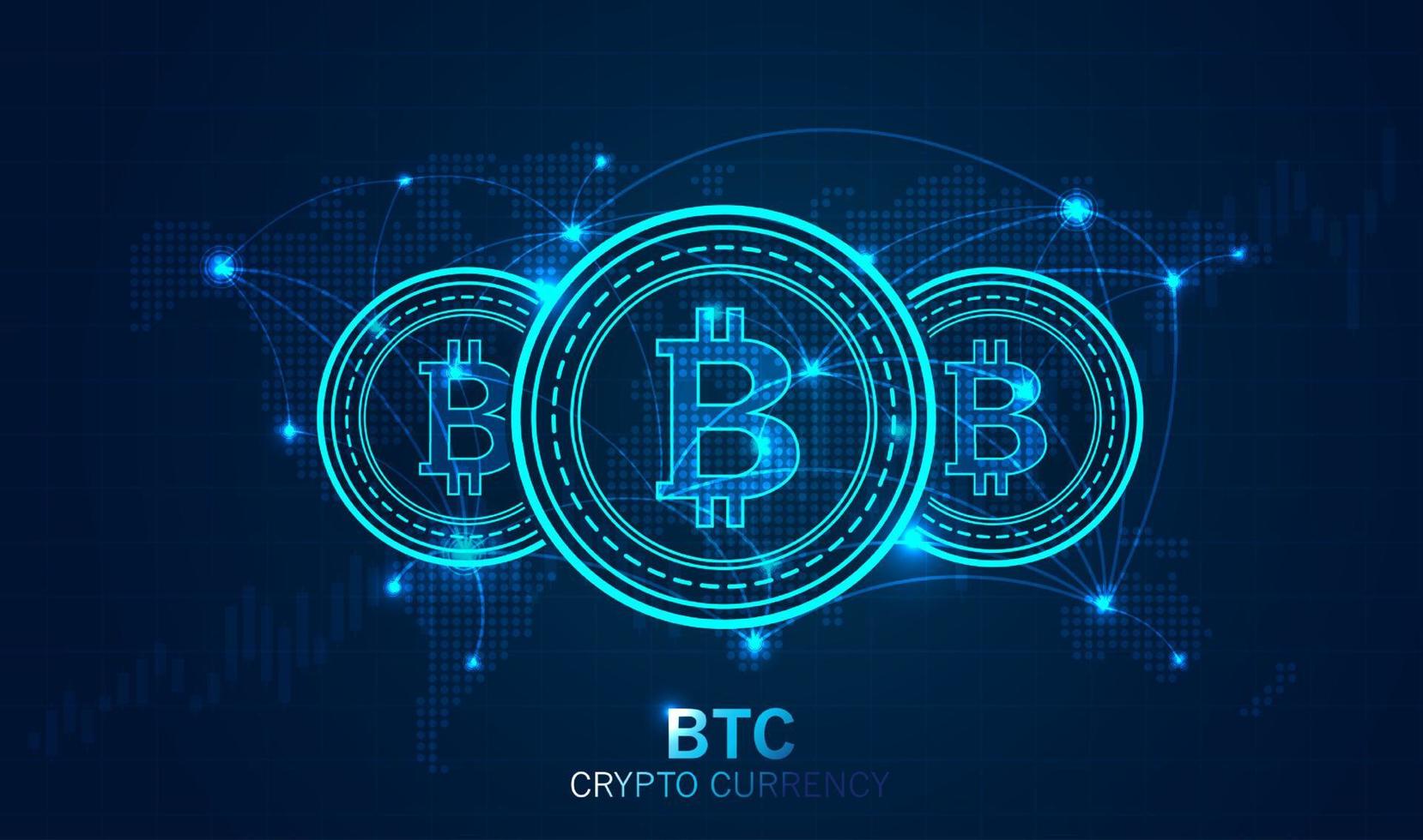 Bitcoin digital currency and world globe futuristic digital money technology worldwide network and bitcoin global network connection.   electronic cryptocurrency and modern technology. vector design