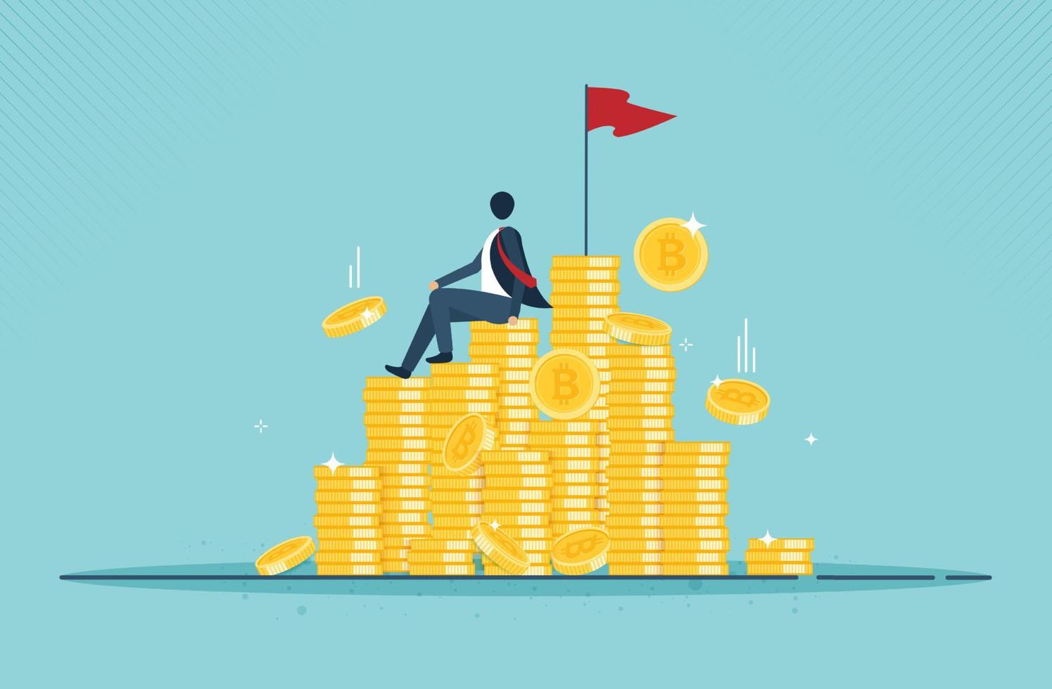 Business achievement - businessman sit on bitcoin new day with success concept. accumulation and buying crypto currency concept. International stock exchange. Vector design