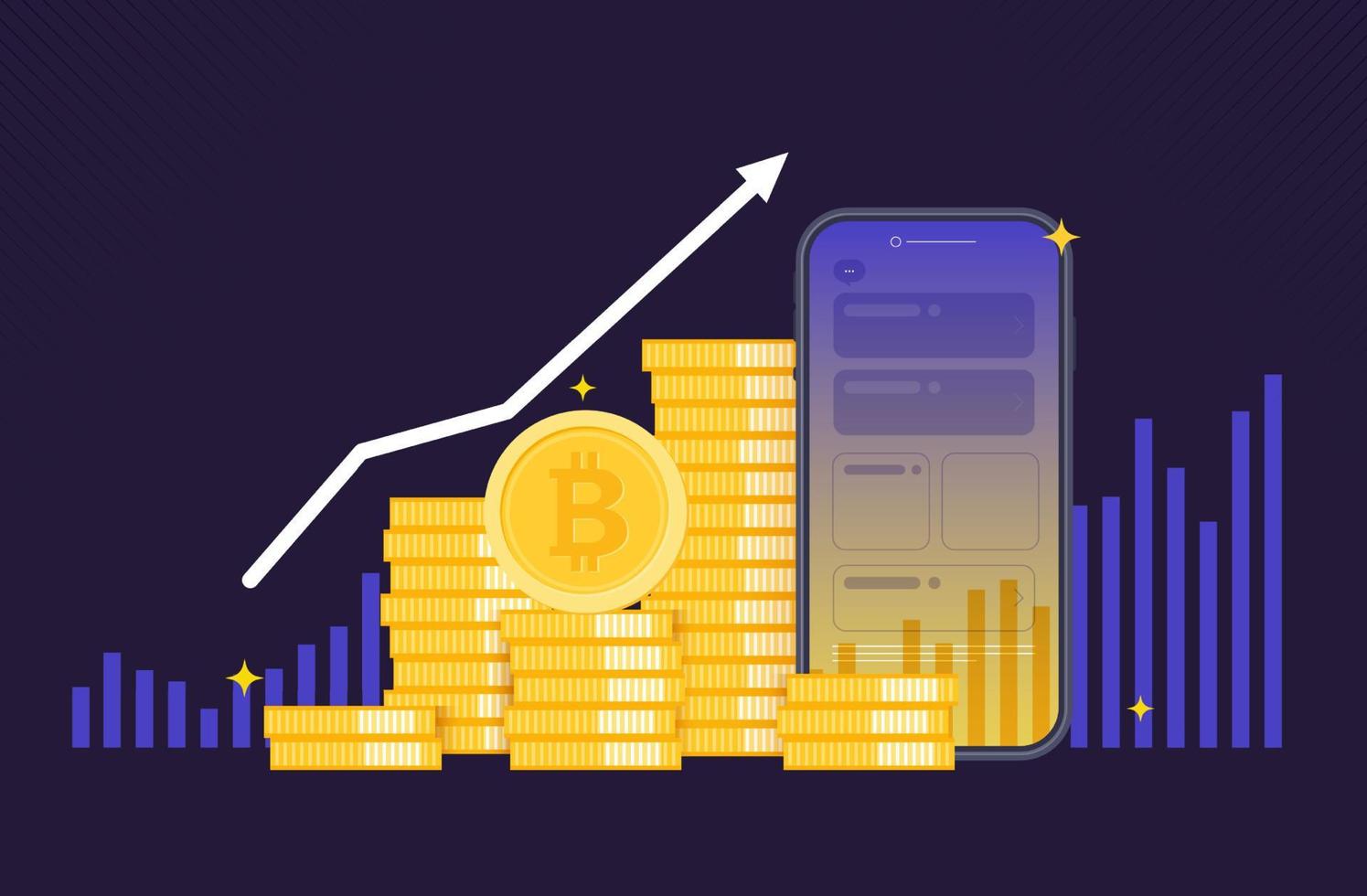 Bitcoin cryptocurrency with pile of coins from smartphone in front of rising chart. Bitcoin Stock Growth. Chart shows a strong increase in the price of bitcoin. vector design