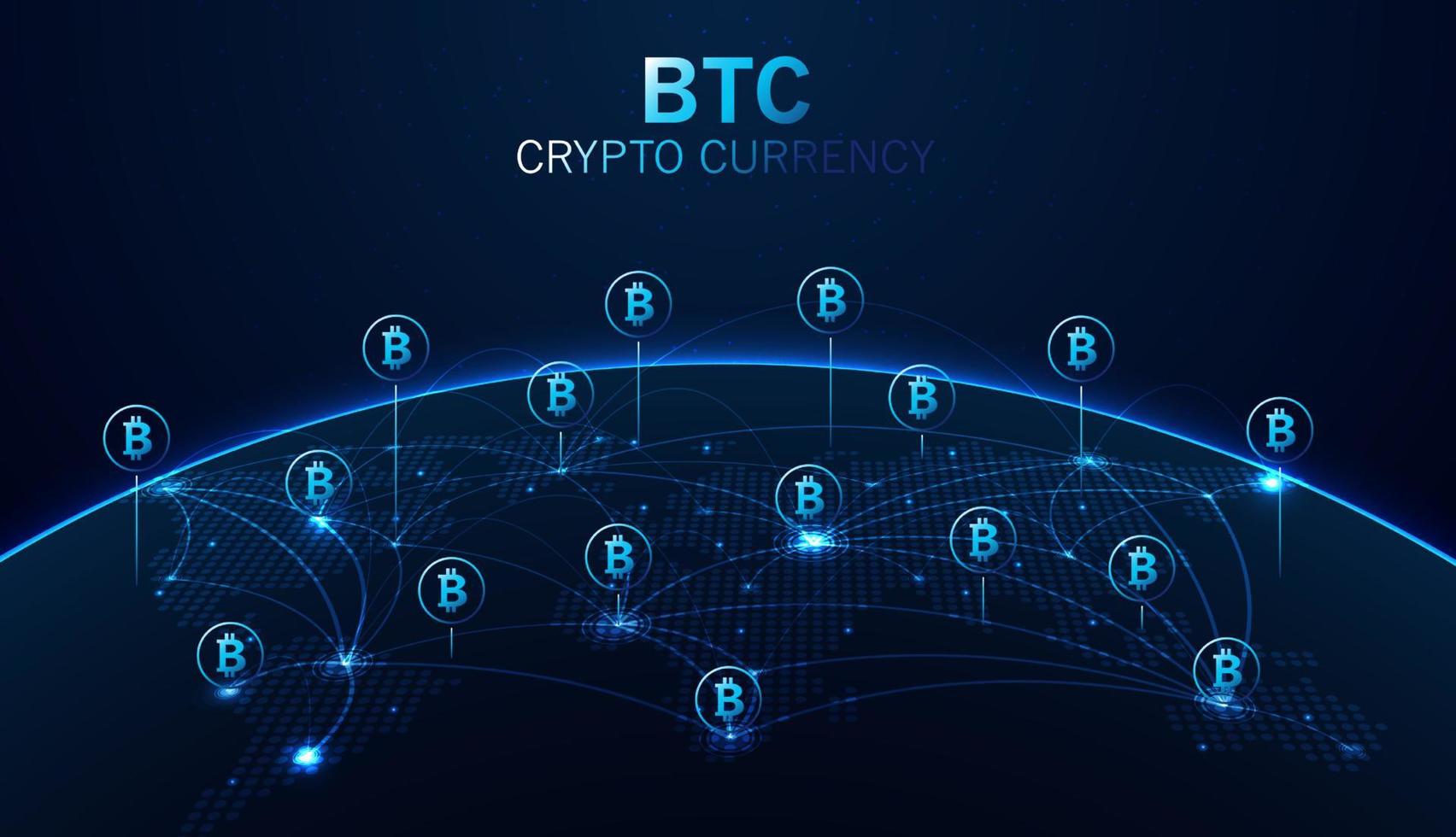 Bitcoin digital currency and world globe futuristic digital money technology worldwide network and bitcoin global network connection.   electronic cryptocurrency and modern technology. vector design