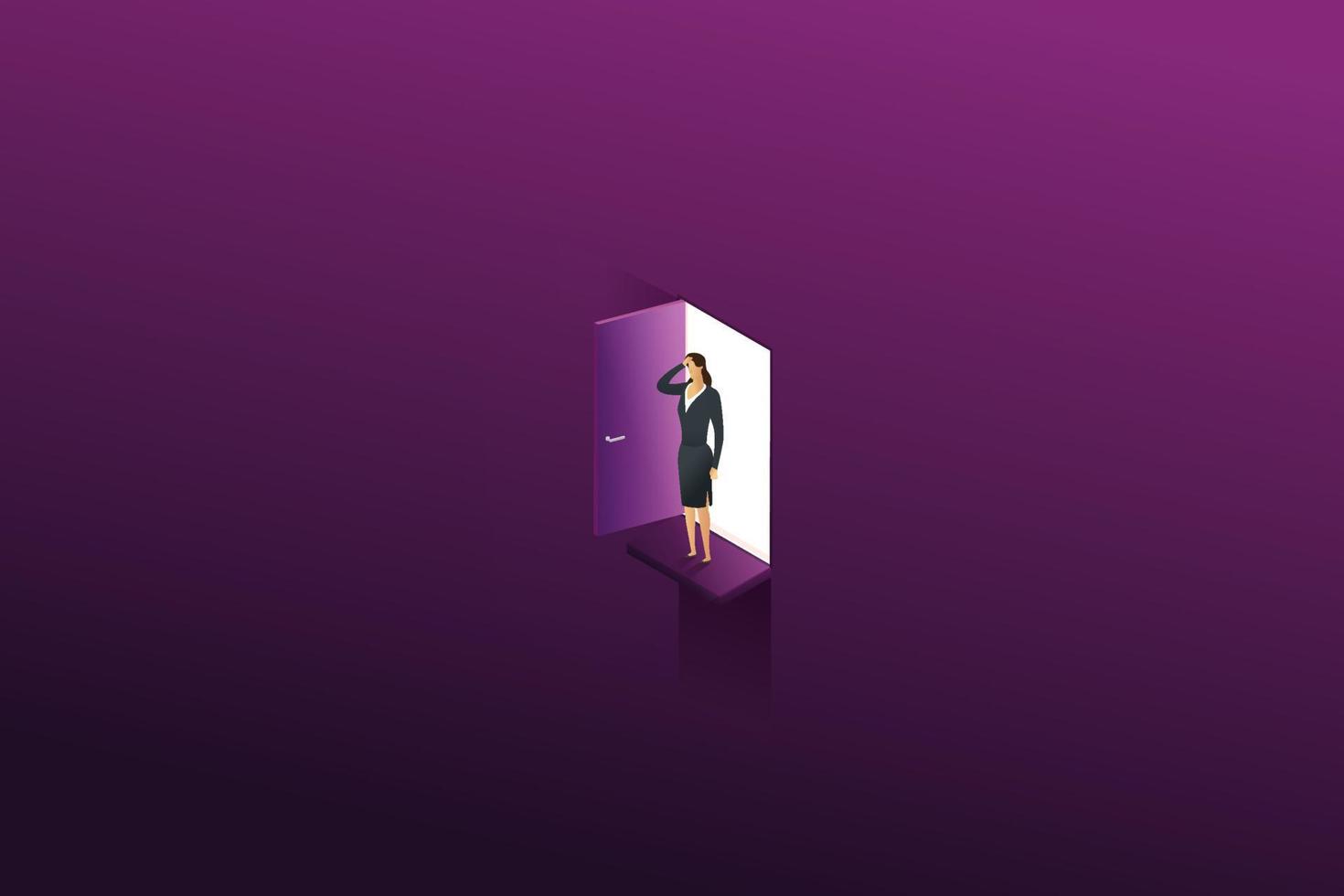 Businesswoman open door on wall. vector