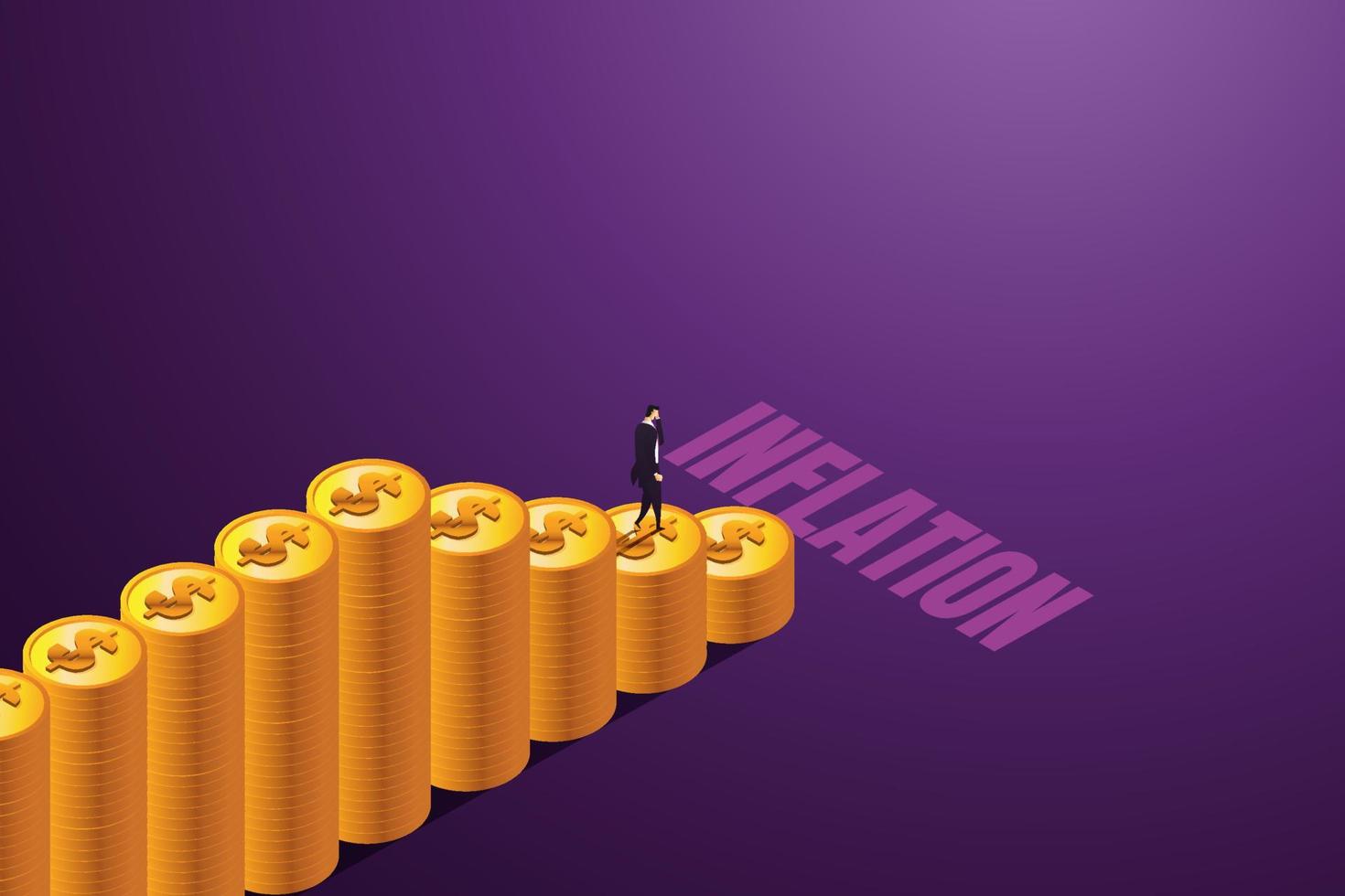 Businessman standing on coin ladder with inflation letters. vector