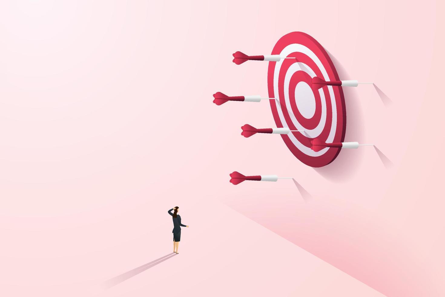 Woman watching The dart that missed the target on the pink wall. vector