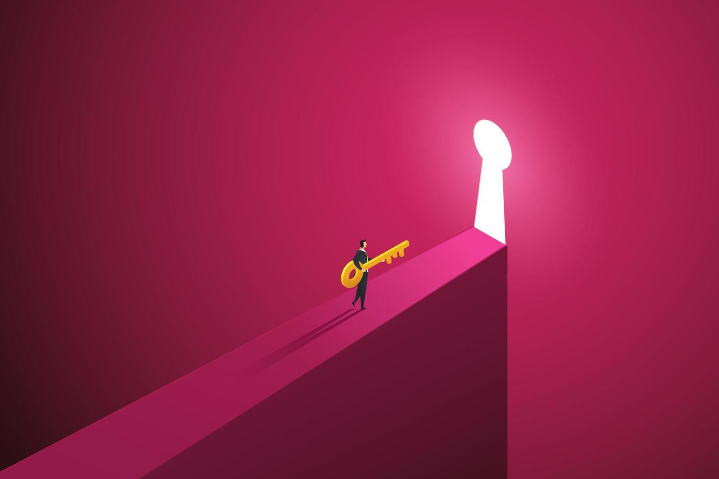 Businessman holding keys walking up to keyhole door shining. vector