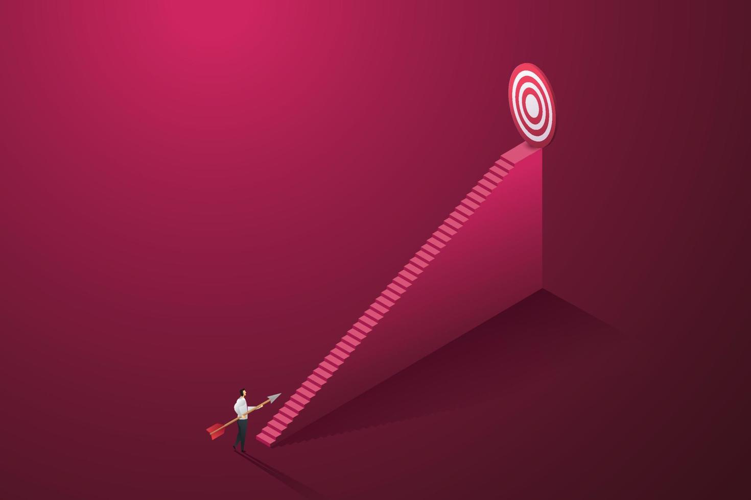 Businessman holding an arrow looking at the stairs leading up to his goal. vector