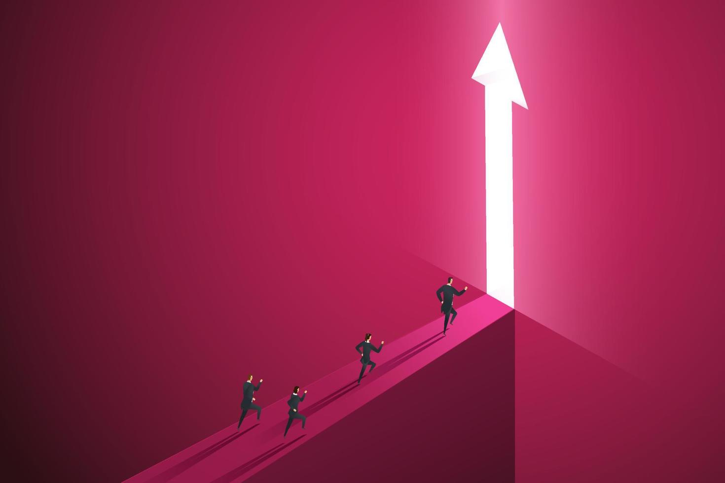 Group businesspeople run go to front of bright big shining arrow. vector