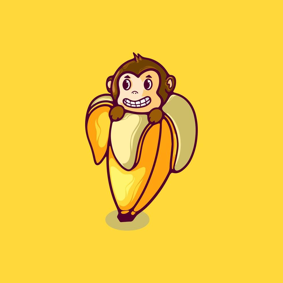 personaje de dibujos animados de mono y plátano vector