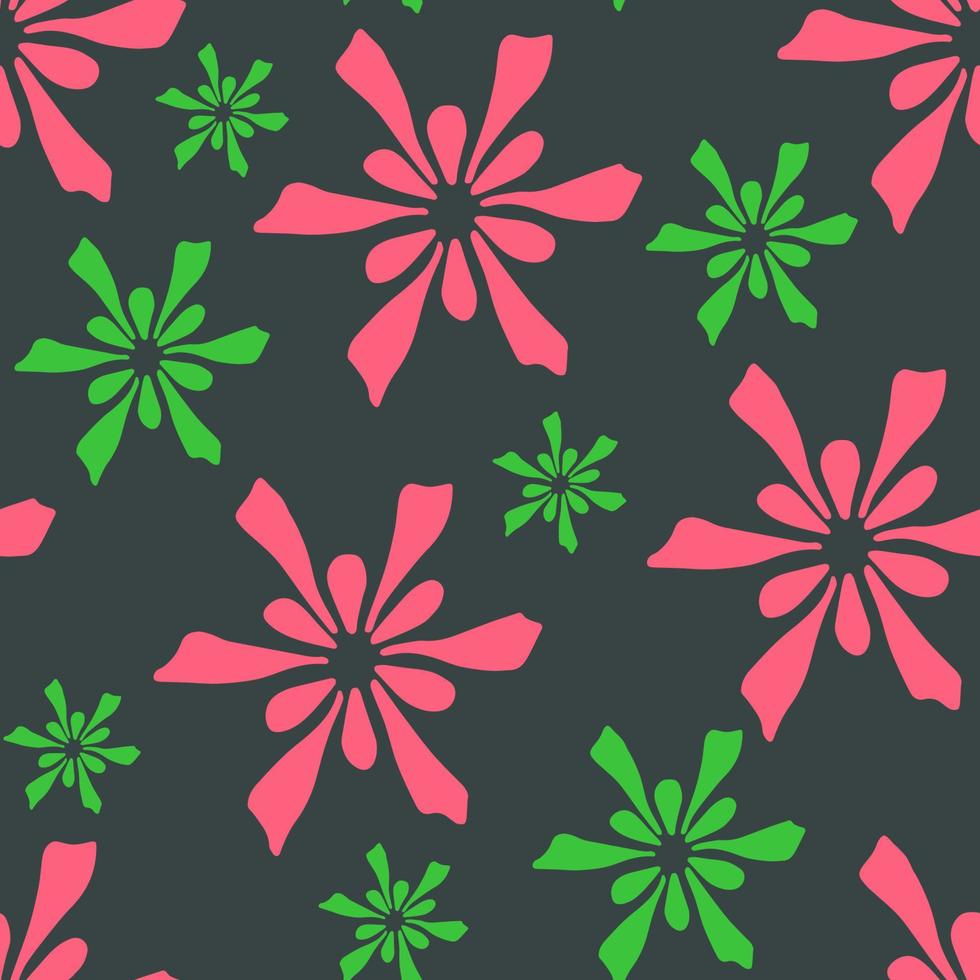 Abstract floral bright seamless pattern. Silhouette of pink flower petals on a dark gray-green background. For prints of fabrics, textile products, packaging, clothing, paper. vector