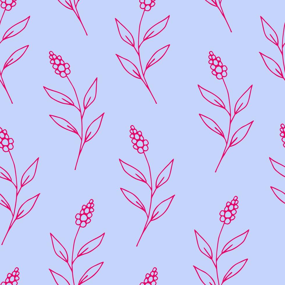 Simple floral seamless vector pattern. Hand-drawn pink  flowers, twigs on a purple background. For prints of fabrics, textile products, wrapping paper.