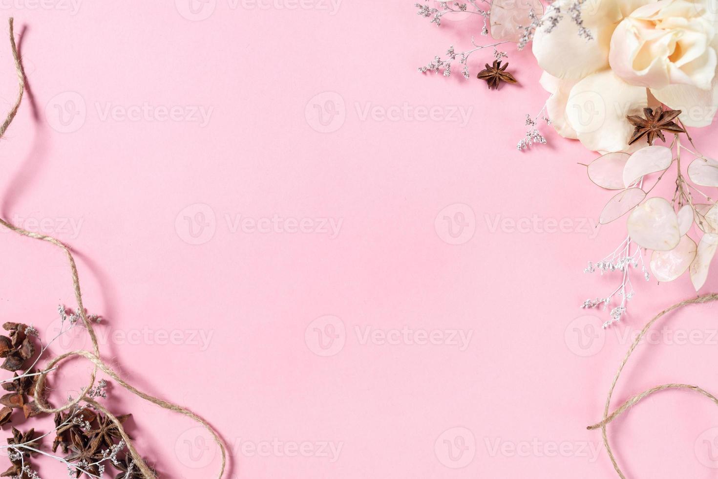 preparation for a future postcard. Pink flowers on a pink background with space for text photo