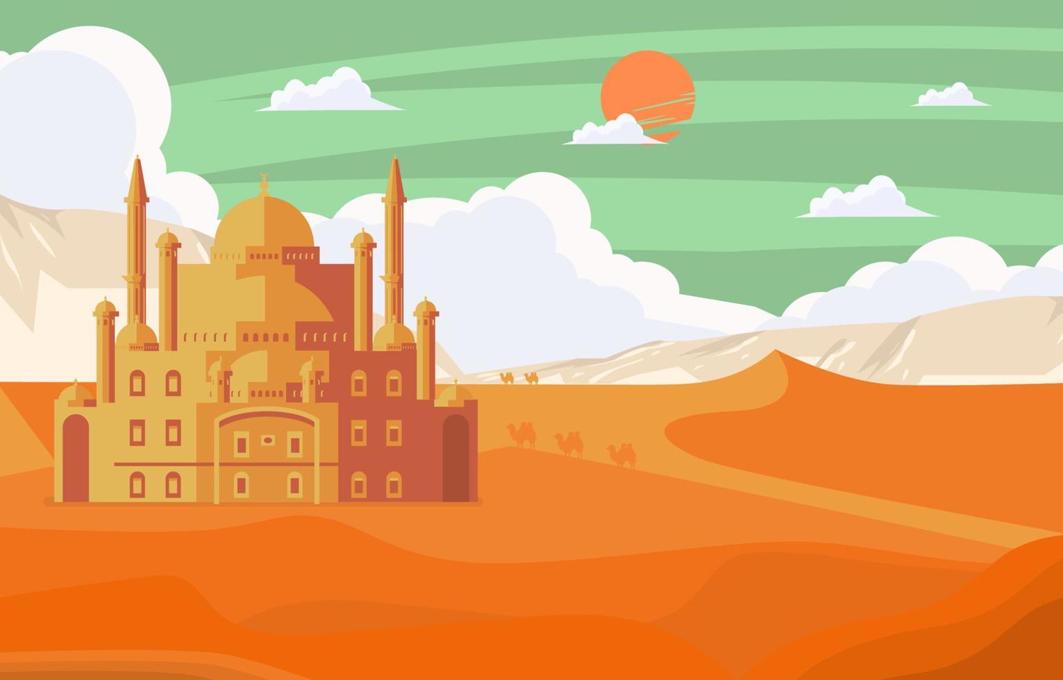 Beautiful Big Mosque In Desert Background vector