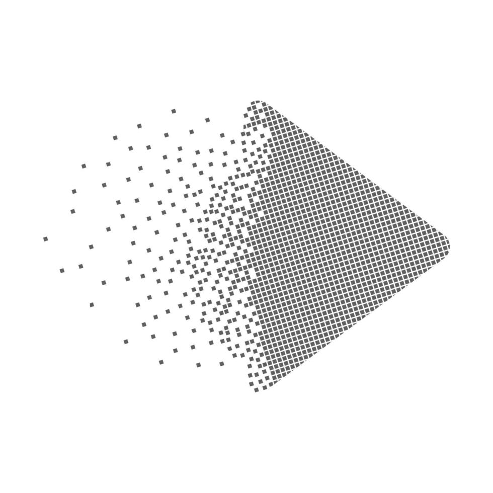 Play arrow icon animated pixel dot art. Play pixel flat-solid. Dissolved and dispersed moving dot art. Unifying and integrative pixel motion. Modern icon connection points. vector
