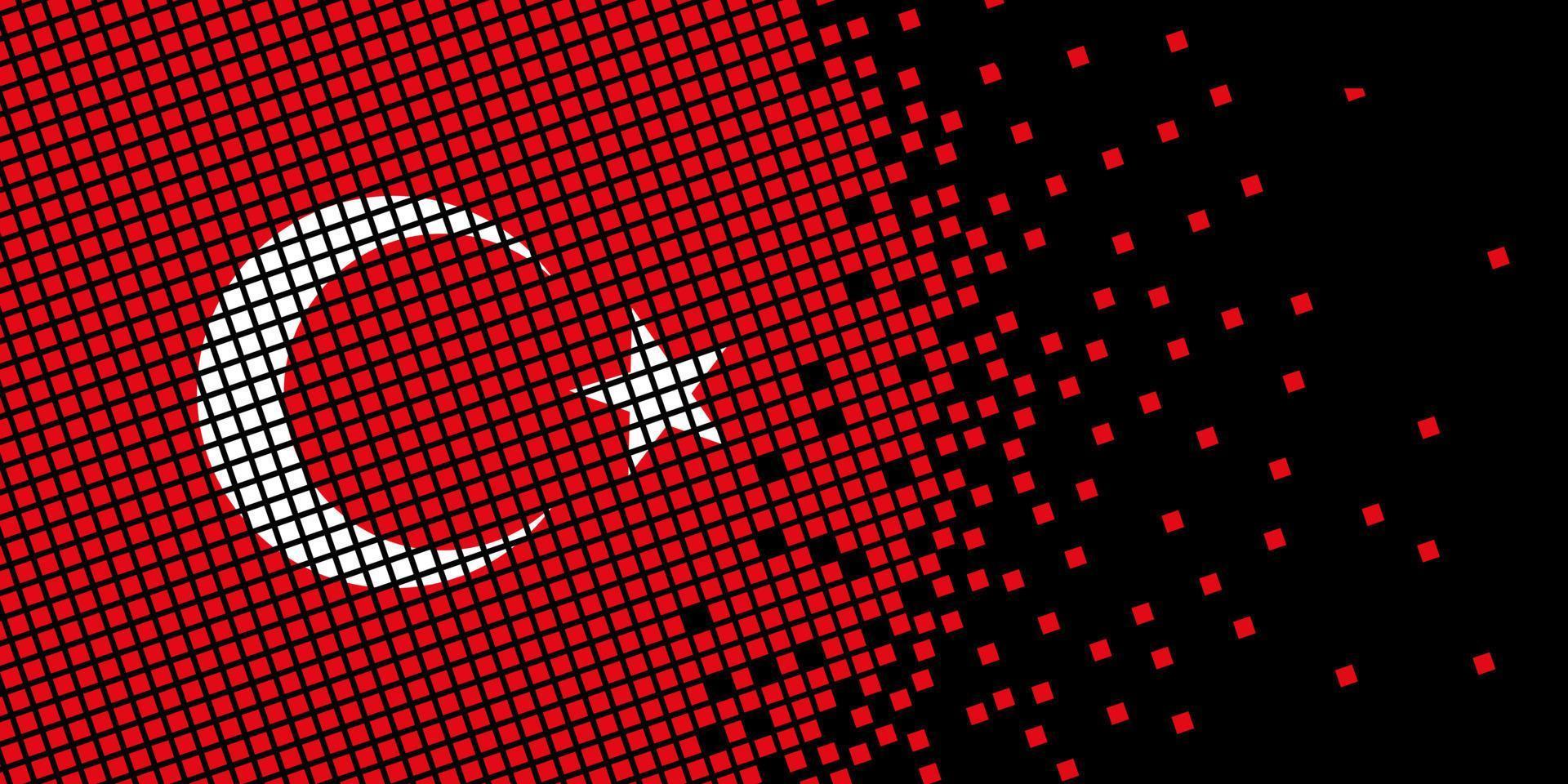arte de píxeles con bandera de Turquía. los puntos de píxeles crecen concentrándose dentro de la bandera. los puntos dentro de la bandera de pavo son pixel art que representan la unidad y la independencia. bandera sobre fondo negro. vector