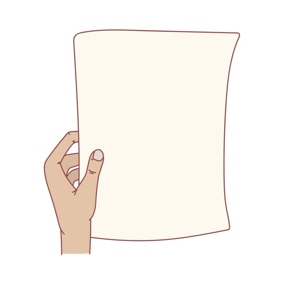 Cartoon hand holding a piece of paper. White blank vertical sheet of paper, mockup for advertisement, information, presentation, message, banner. vector