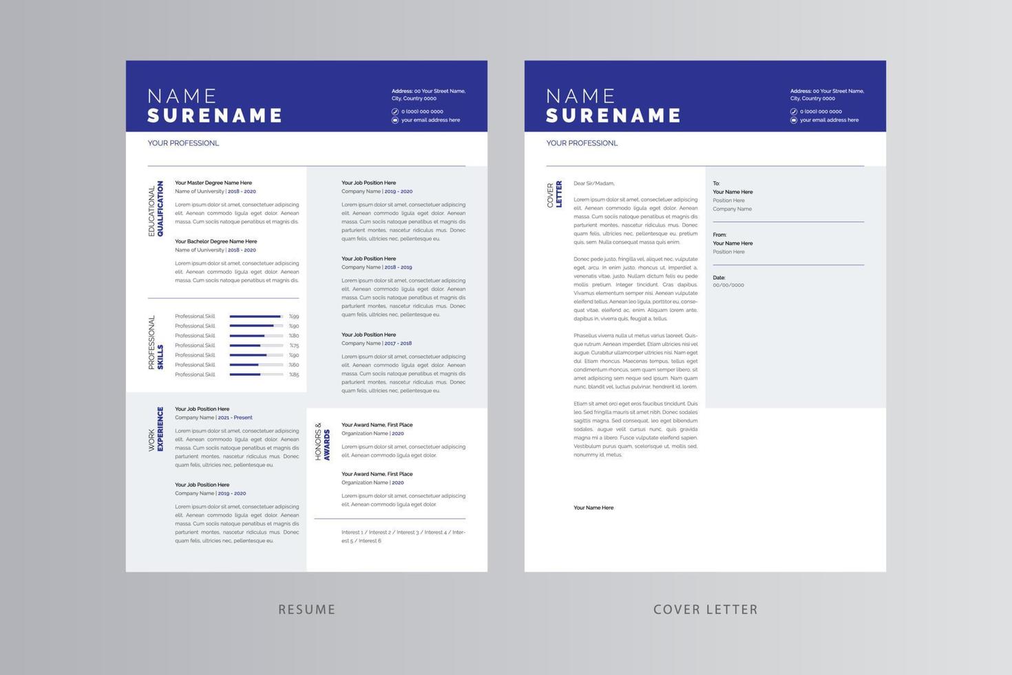 currículum profesional y plantilla de carta de presentación. vector profesional