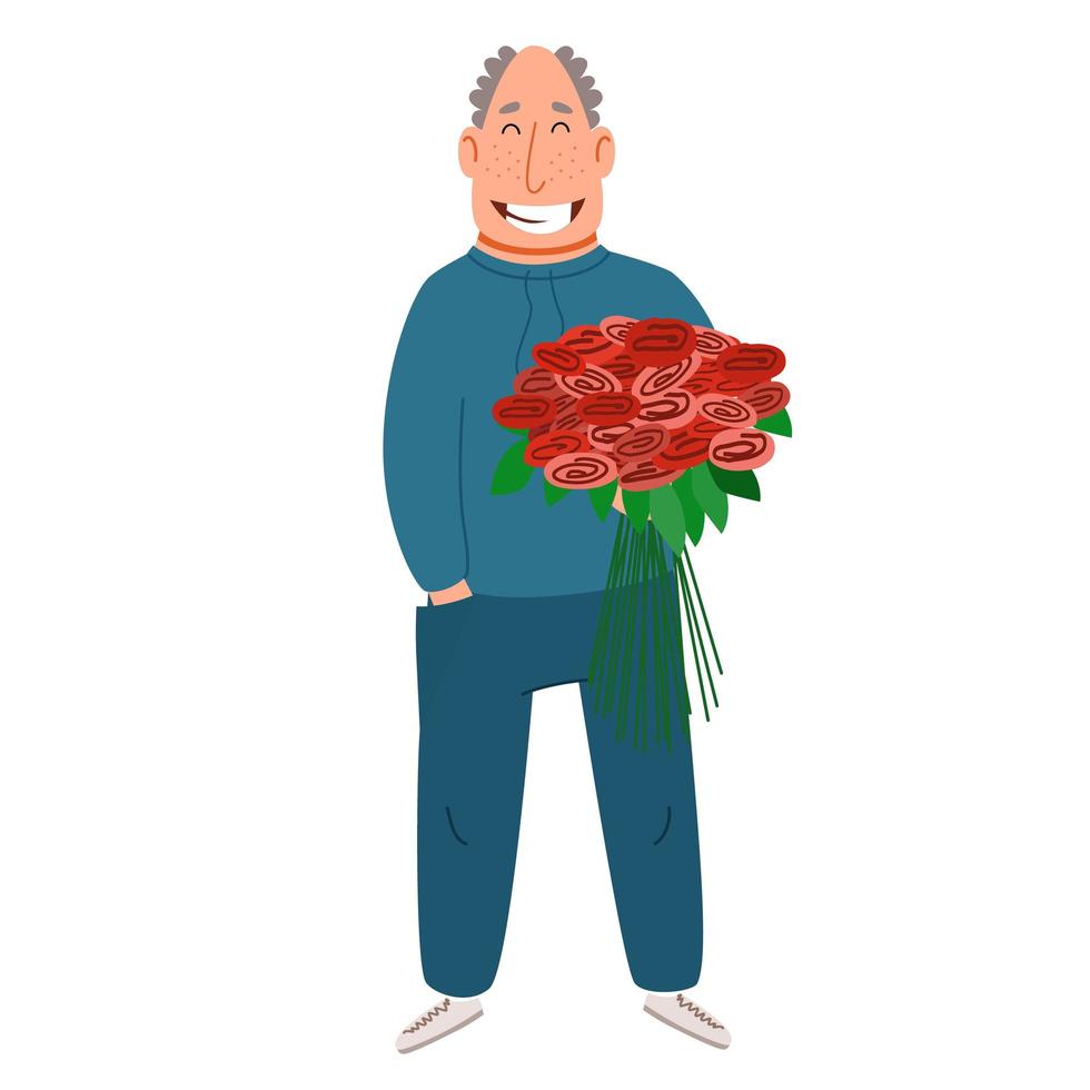 A gray-haired man in a tracksuit with flowers in his hand. vector