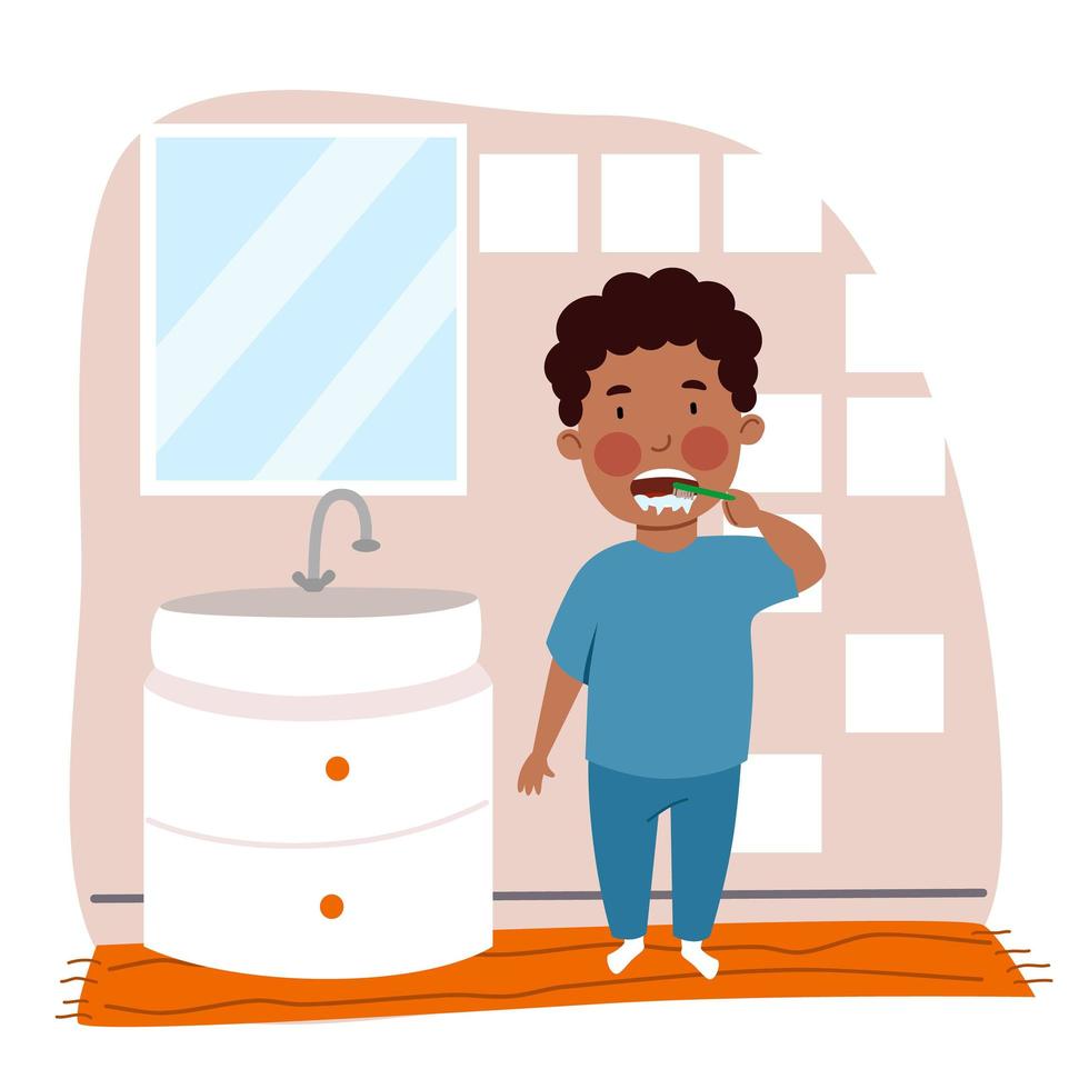 A black boy in pajamas is brushing his teeth in the bathroom. Children are hygiene. vector