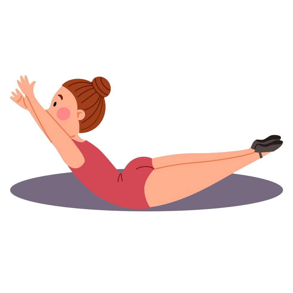 Childrenes sports gymnastics. The girl is lying in the boat pose. vector