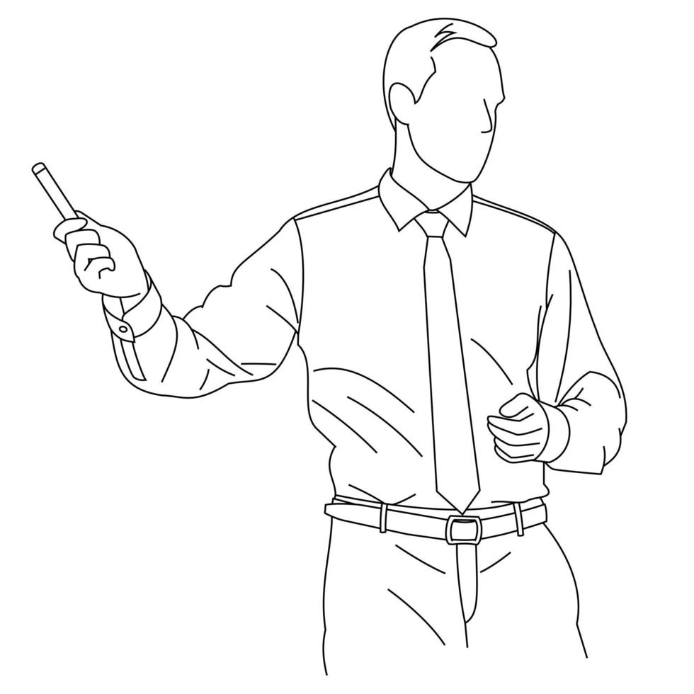 Illustration of line drawing a gesturing young businessman giving a  presentation and strategy data on the