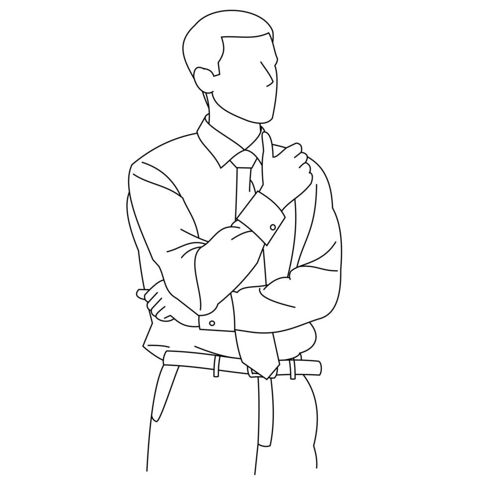 Illustration of line drawing a gesturing young businessman giving a presentation and strategy data on the board. A coach presenting data on a screen during a meeting in an office isolated on a white vector