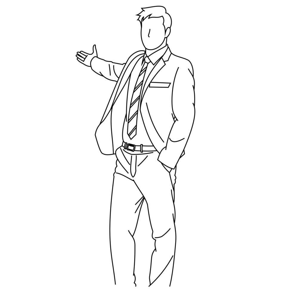 Illustration of line drawing a gesturing young businessman giving a presentation and strategy data on the board. A coach presenting data on a screen during a meeting in an office isolated on a white vector