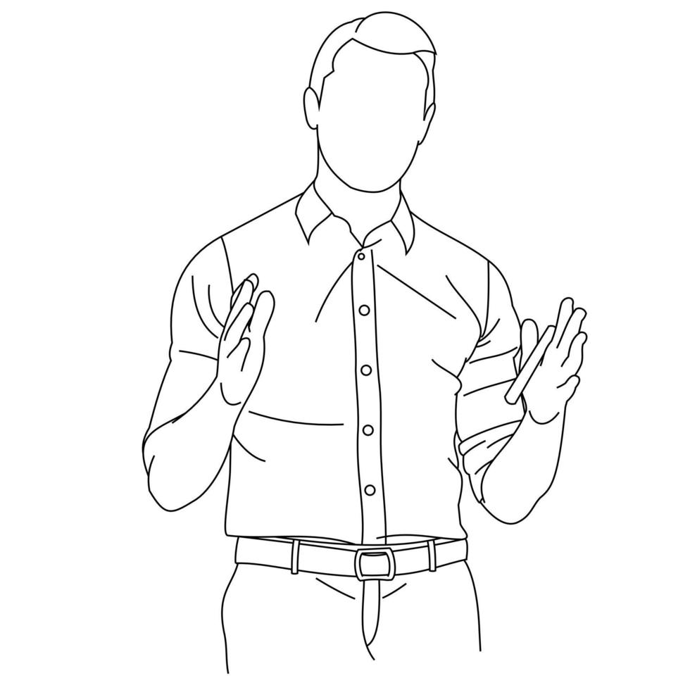 Illustration of line drawing a gesturing young businessman giving a presentation and strategy data on the board. A coach presenting data on a screen during a meeting in an office isolated on a white vector