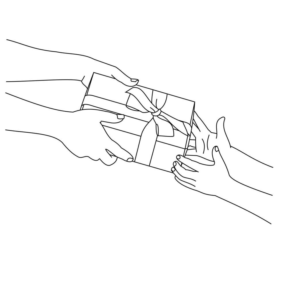 Illustration of a hands pretending to give a gift box. Holiday Gifts, Christmas, New Year, Celebration, Valentine's Day and Birthday editions isolated on white background. Surprise or special gift vector
