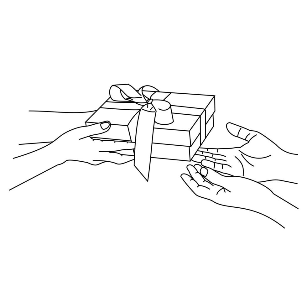Illustration of a hands pretending to give a gift box. Holiday Gifts, Christmas, New Year, Celebration, Valentine's Day and Birthday editions isolated on white background. Surprise or special gift vector