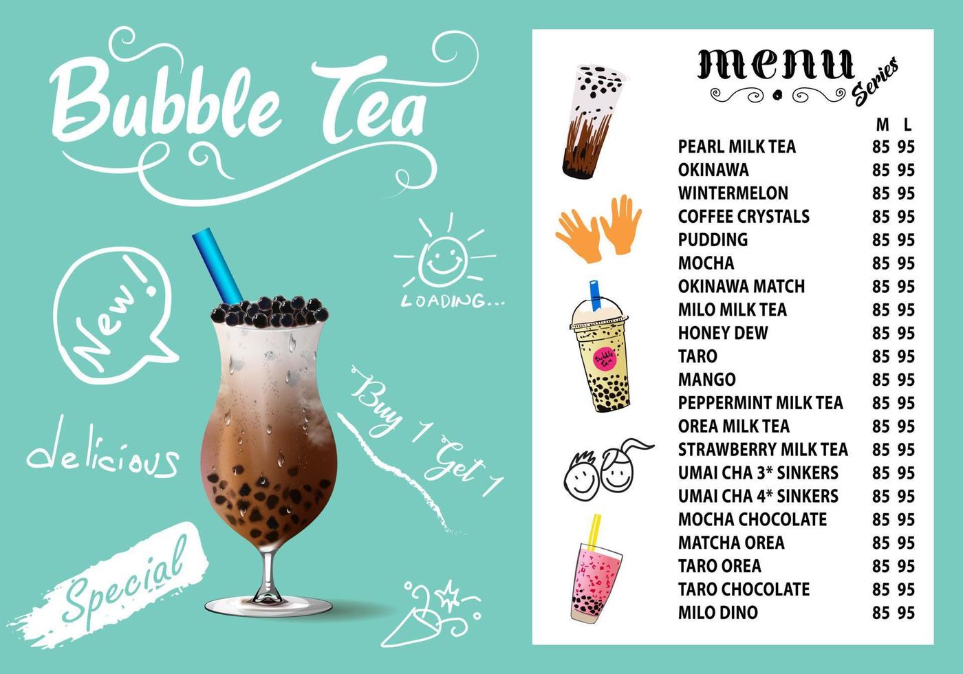 té con leche de burbujas, té con leche de perlas, diferentes tipos de boba. deliciosas bebidas. vector