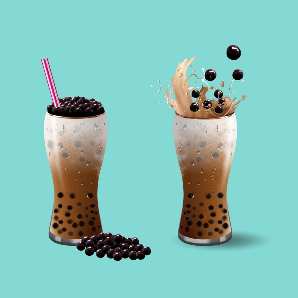 té con leche de burbujas, té con leche de perlas, diferentes tipos de boba. deliciosas bebidas. vector