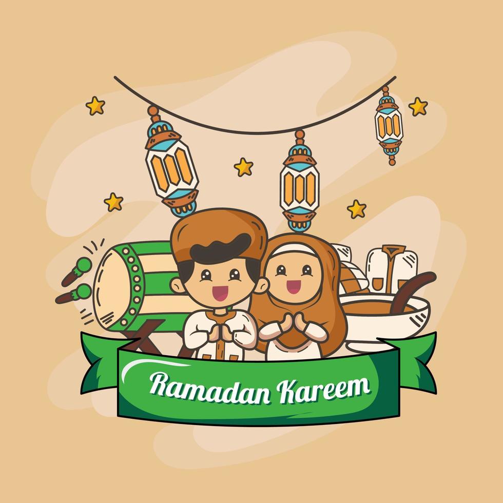 ramadan kareem card with lantern soup drum and muslim kids vector