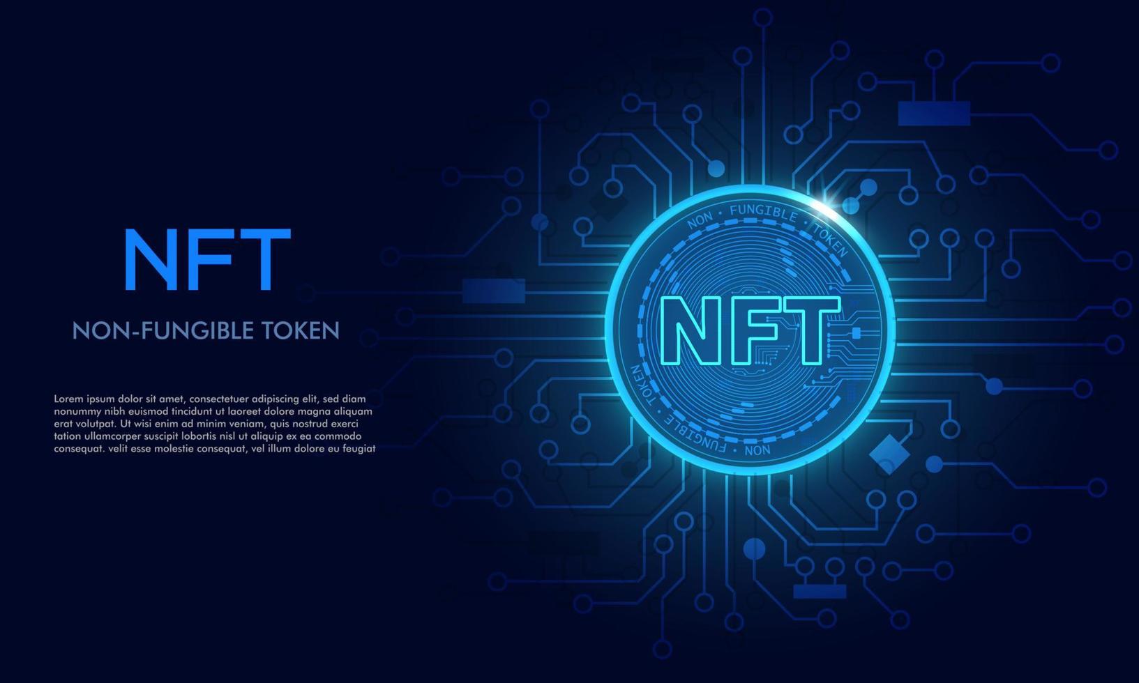 Non fungible token NFT.Technology background with circuit.NFT logo dark blue.Crypto currency concept. vector