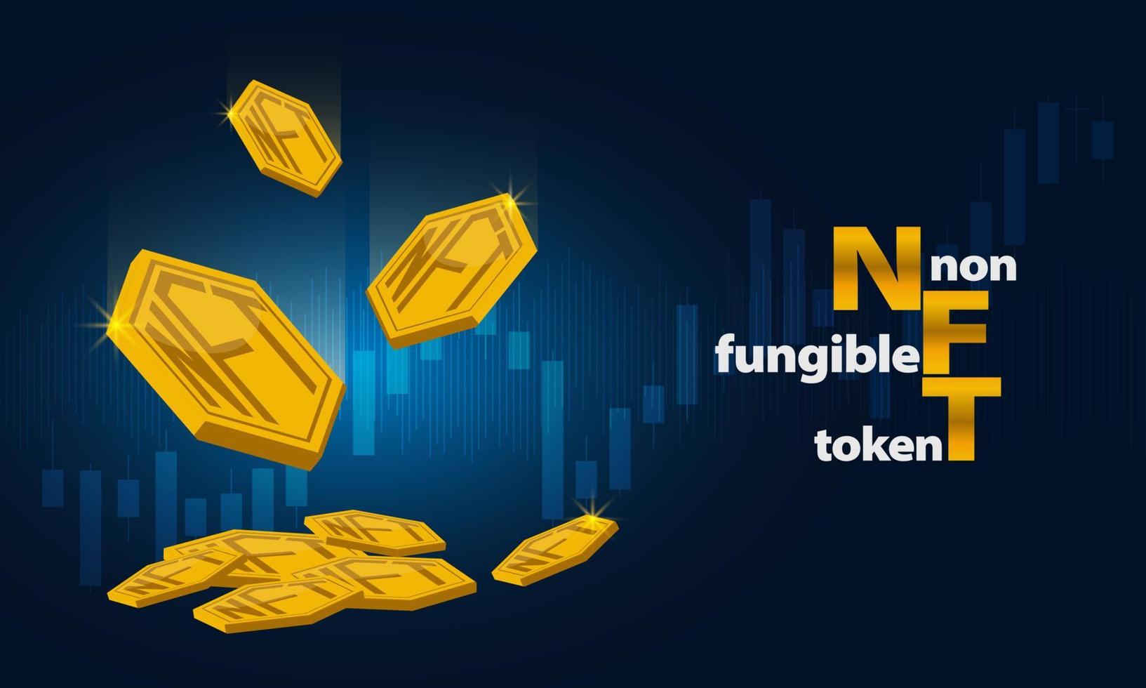 caen monedas de oro nft. tokens no fungibles con fondo azul y gráfico.monedas de criptomonedas.intercambio digital. vector