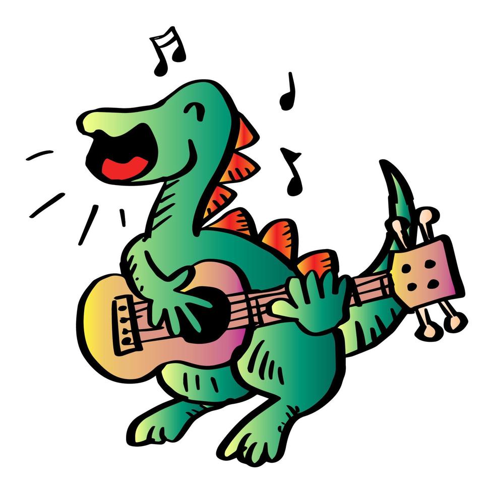 Cartoon Dinosaur sings with guitar. Animal cartoon character. vector