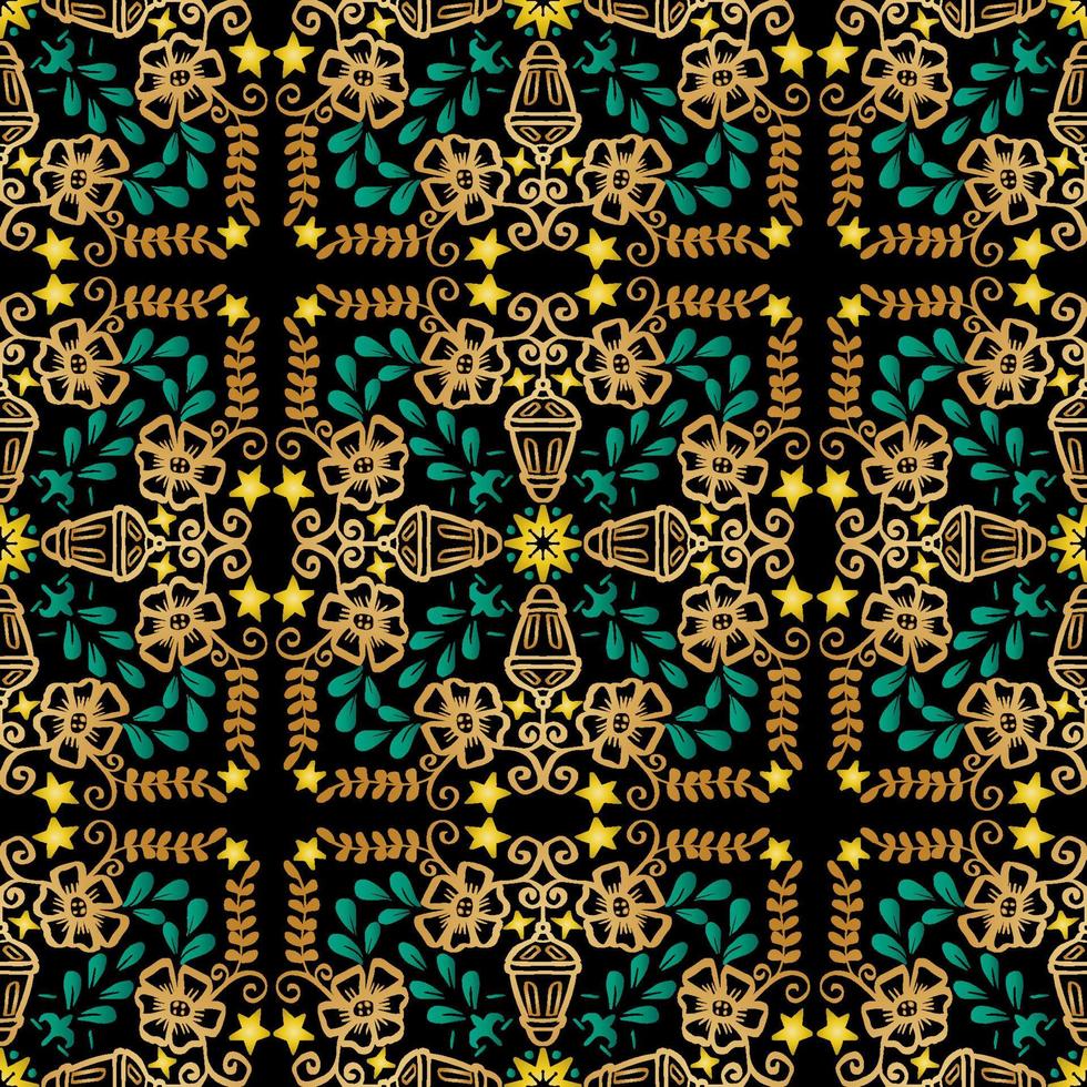 Ramadan seamless pattern with contour lantern, stars and floral ornament. vector
