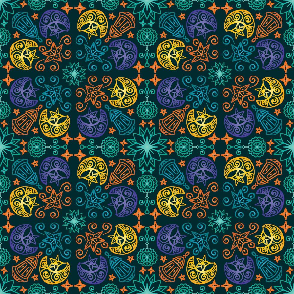 Ramadan seamless pattern with contour lantern, stars and moon decorative ornament. vector