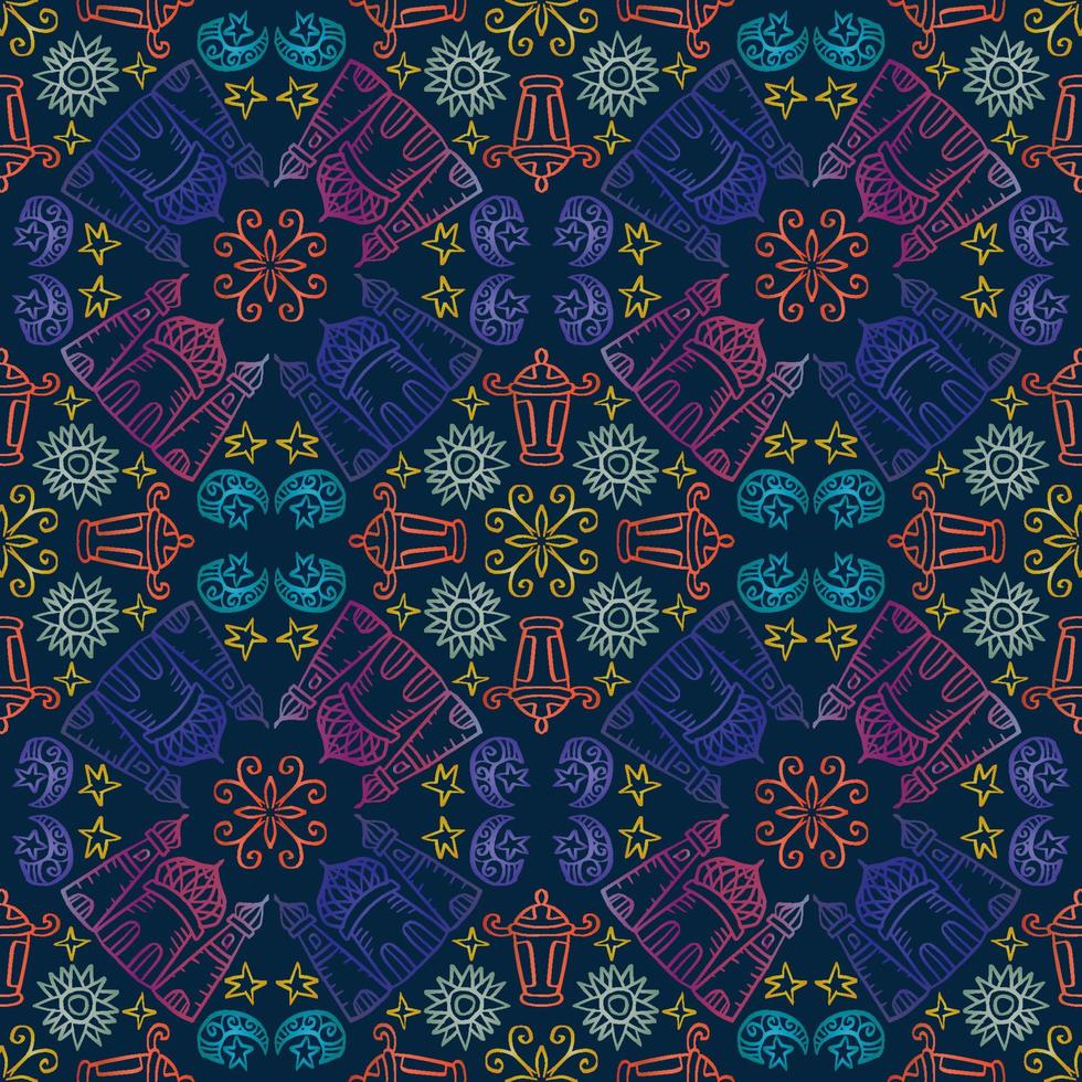 Ramadan seamless pattern with contour lantern, stars and mosque. vector