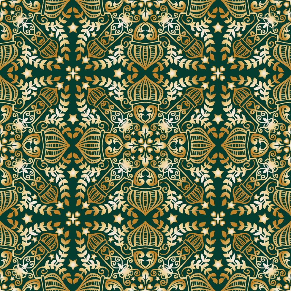Ramadan seamless pattern with contour lantern, stars and mosque vector