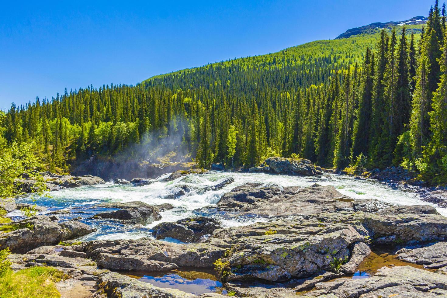 El agua del río que fluye rápido de la hermosa cascada rjukandefossen hemsedal noruega. foto