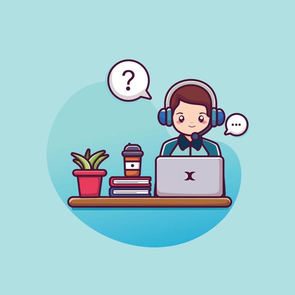 man wearing headphone working on laptop with customer service support call center concept vector