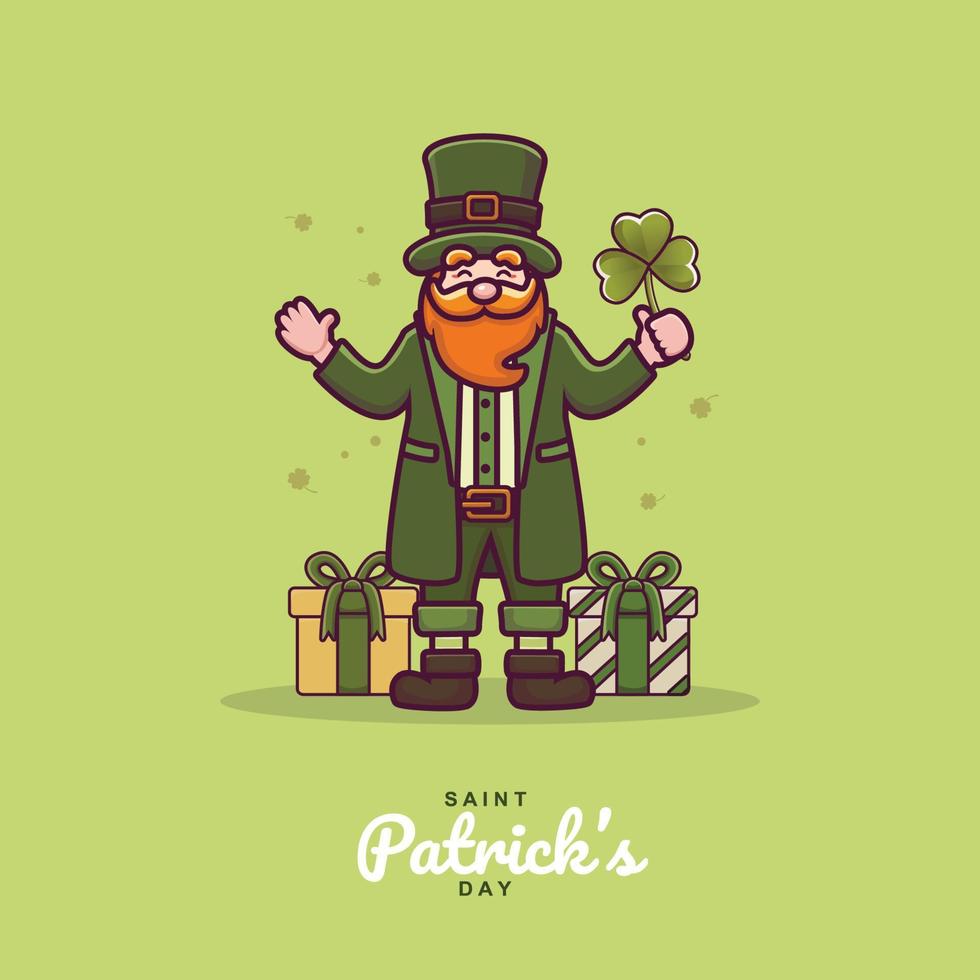 cute st patricks day character illustration holding clover flower and gifts box vector
