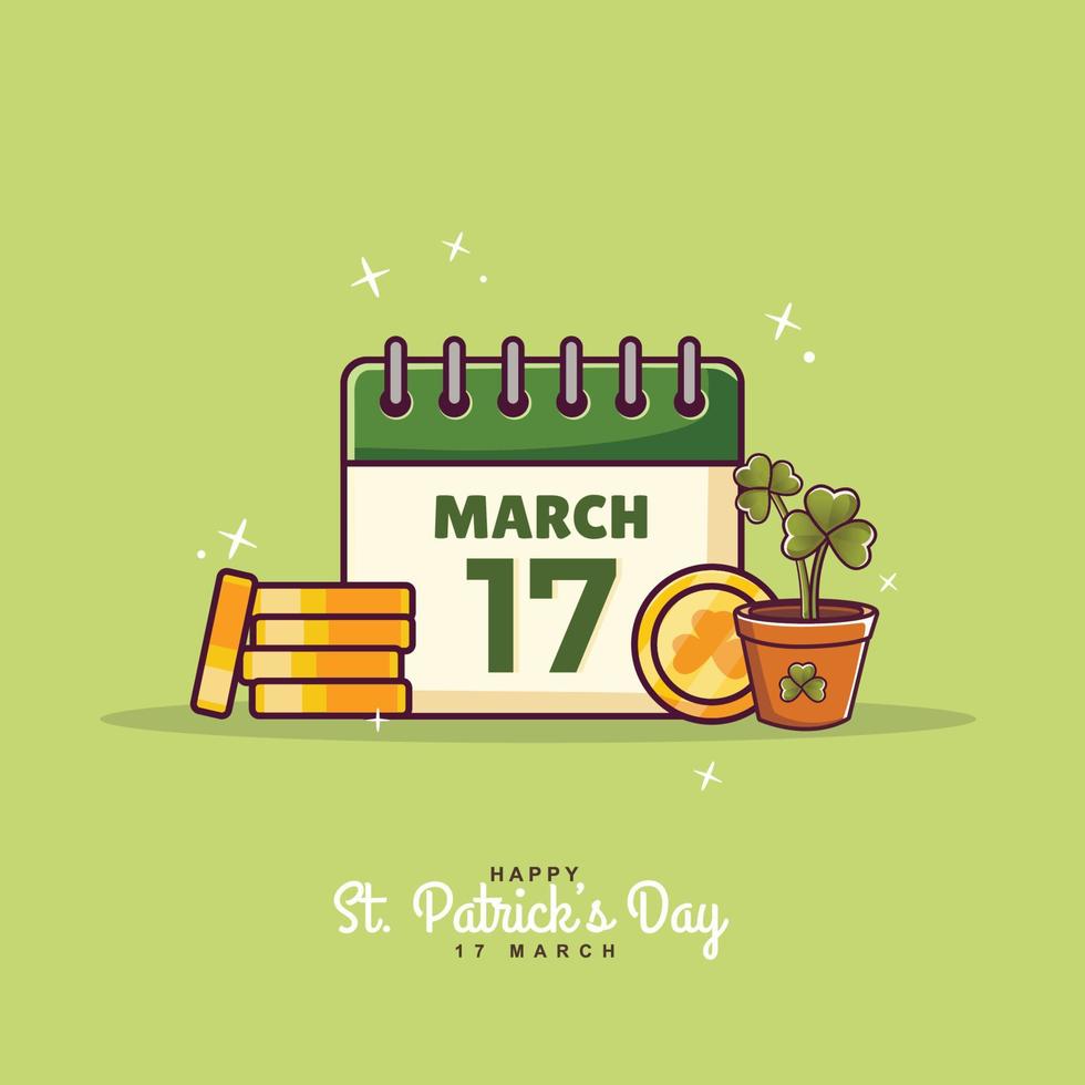 calendar, clover flower and coins with patrick day concept vector