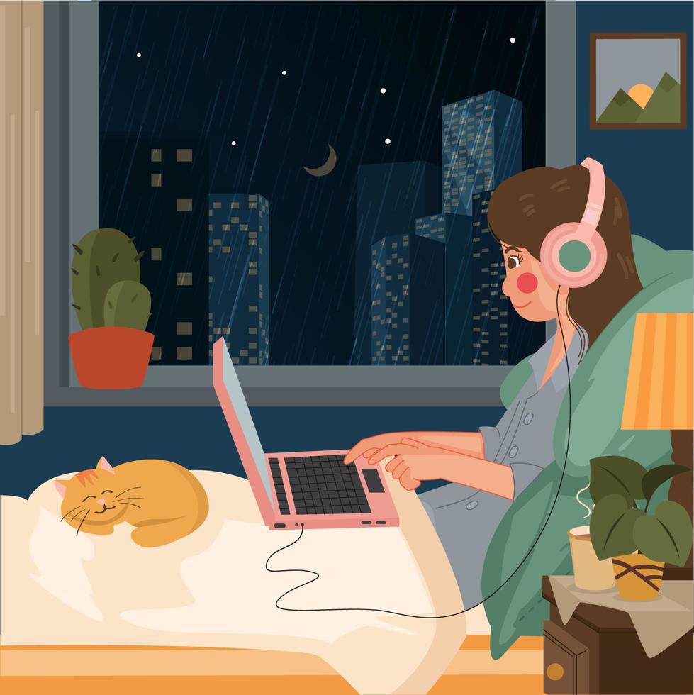 Girl Using Laptop On Rainy Day vector