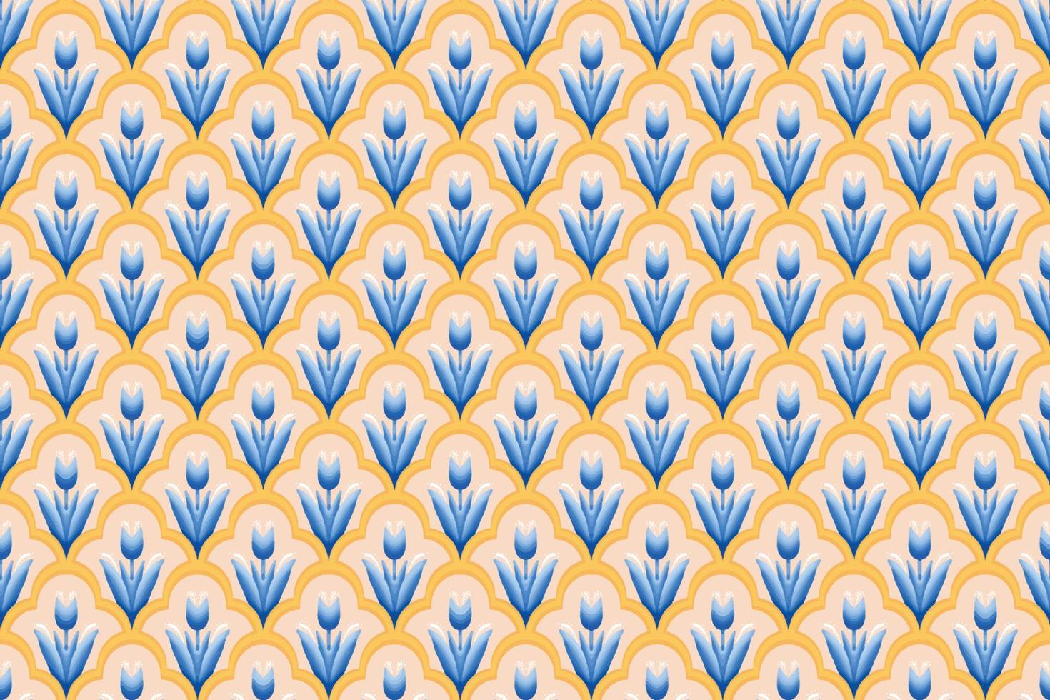 Blue Flower on Ivory, White, Yellow Geometric ethnic oriental pattern traditional Design for background,carpet,wallpaper,clothing,wrapping,Batik,fabric, vector illustration embroidery style