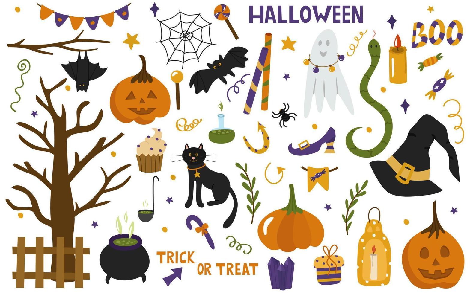 halloween es un conjunto de símbolos tradicionales para una fiesta. calabaza, murciélago, inscripciones, serpiente, gorra de bruja, gato, dulces, caramelos, piruleta. colección de vectores de ilustraciones en estilo de dibujos animados, imágenes prediseñadas