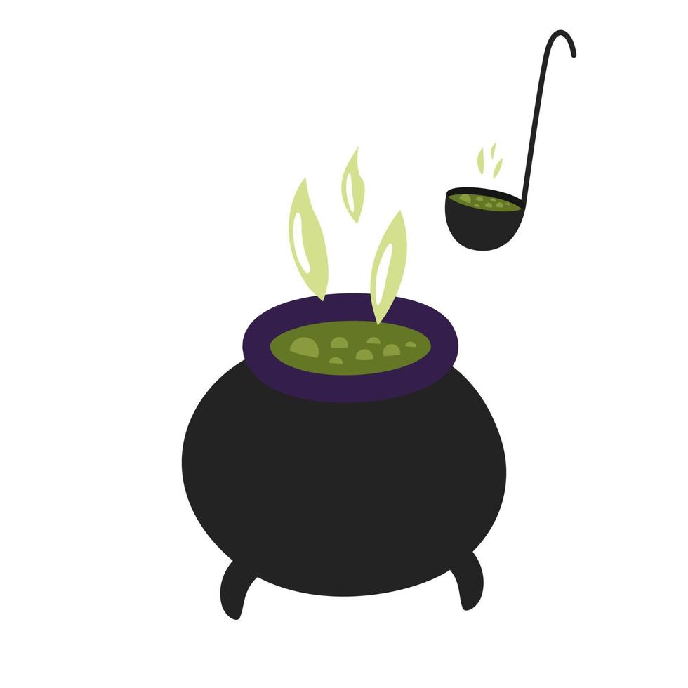 A witch's magic potion is brewed in a cauldron. Cute vector illustration isolated on a white background. For the design of a postcard or decorative