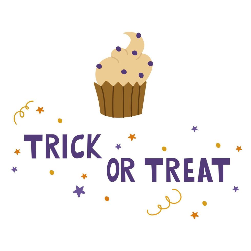 The inscription Trick or treat for Halloween with a cream cake. Vector illustration isolated on a white background. For design, decoration, postcards