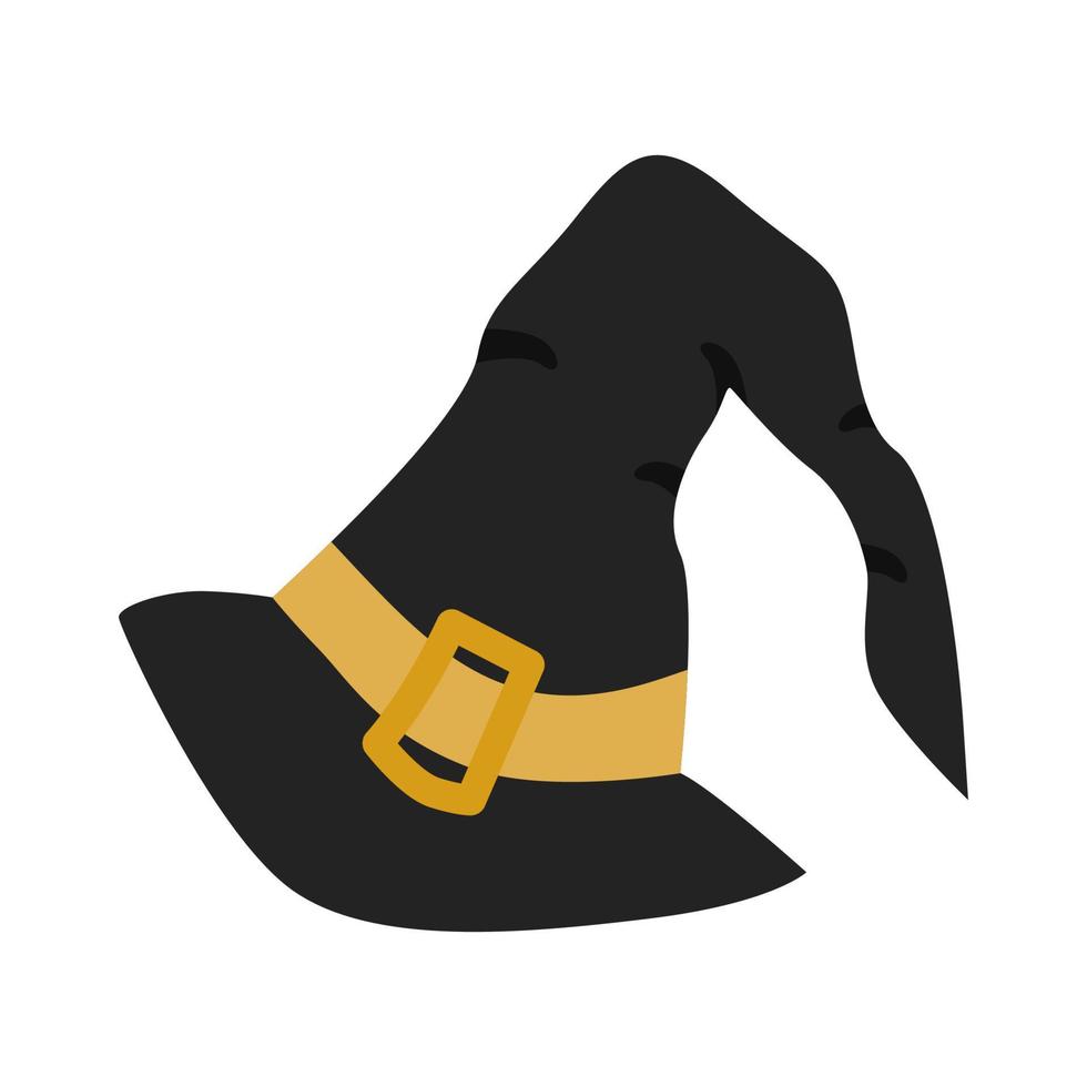 Black witch hat with a buckle for Halloween. Vector illustration isolated on a white background. For design, decor, postcards