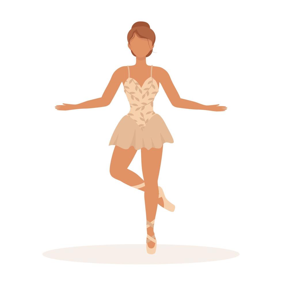 A ballerina girl dances in a beautiful beige short dress and pointe shoes. Elegant vector illustration of a performance in pink tones for design or decor.