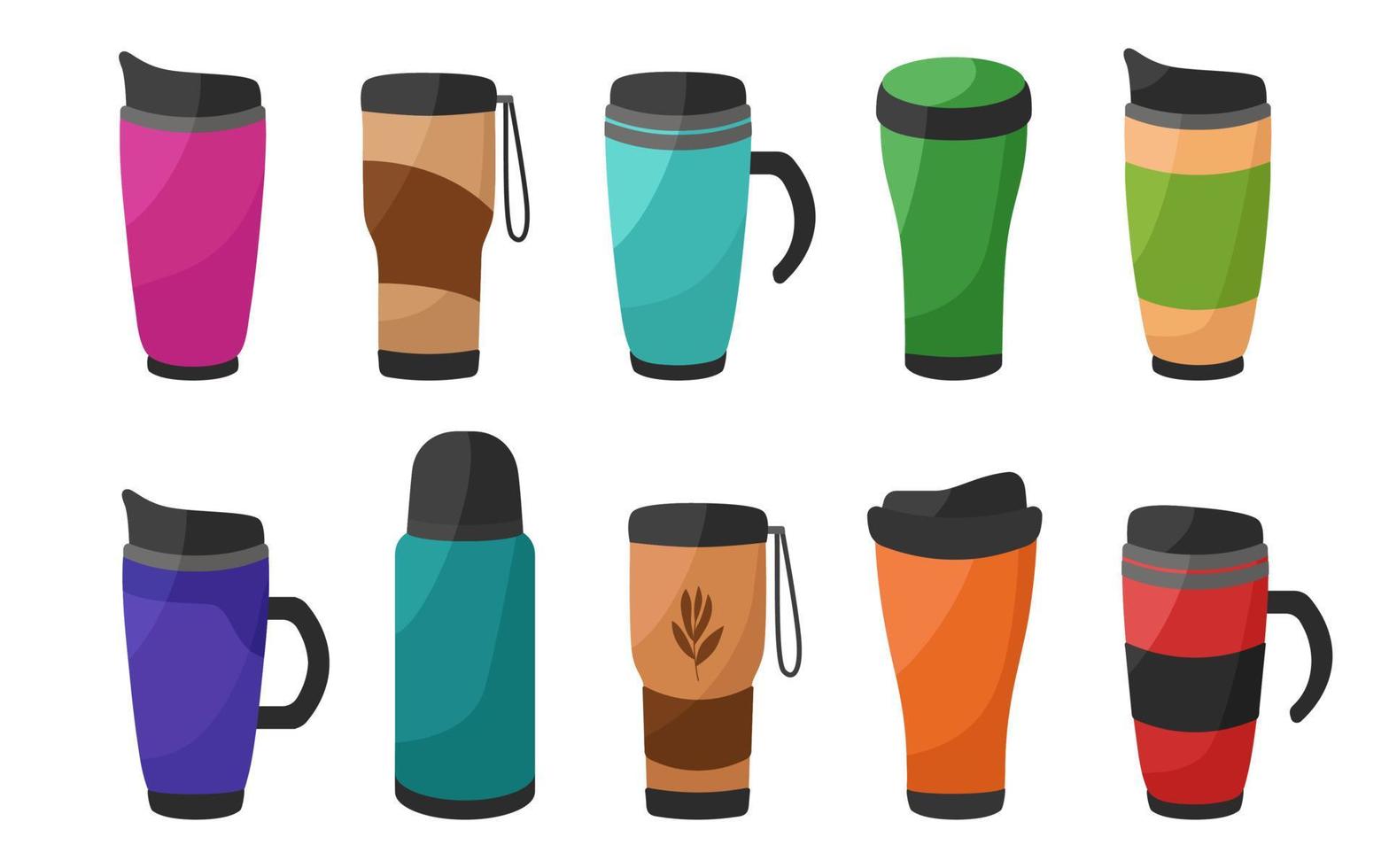 Large set of bright reusable thermos cups and thermos flasks for the concept of zero waste. For hot drinks, coffee, tea, cocoa. Vector illustration in cartoon style.